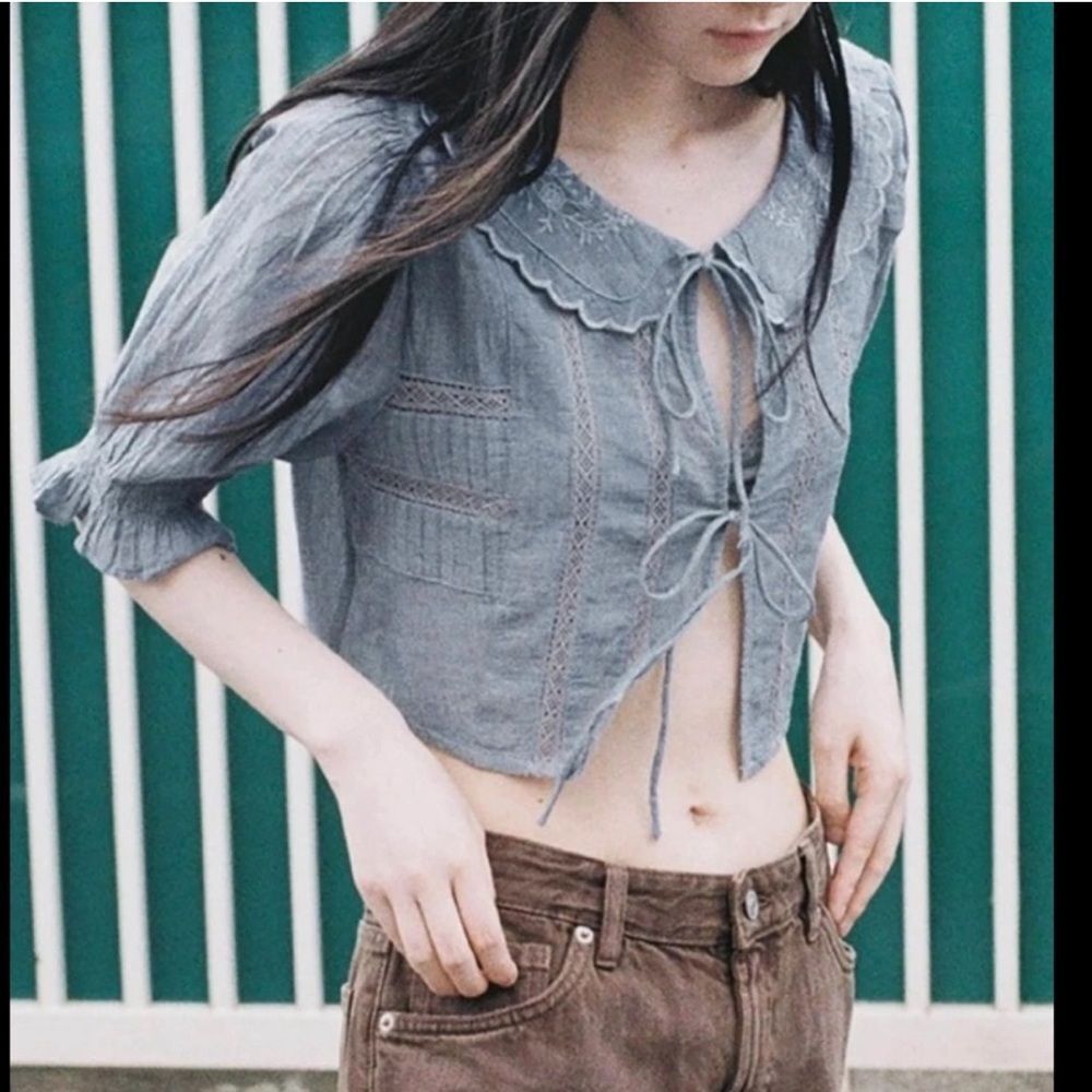 ZARA EMBROIDERED CROP SHIRT - Picture 6 of 9